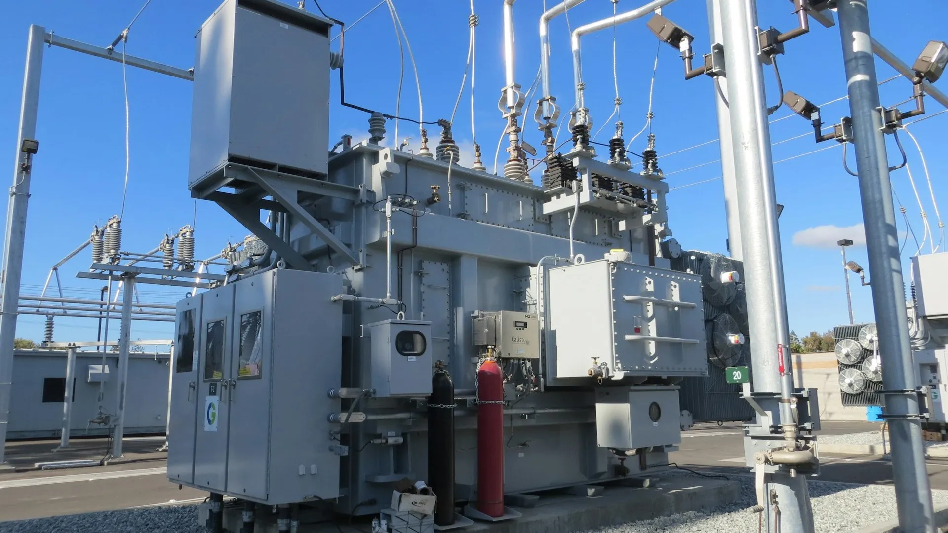 An electrical transformer and cabling in a substation