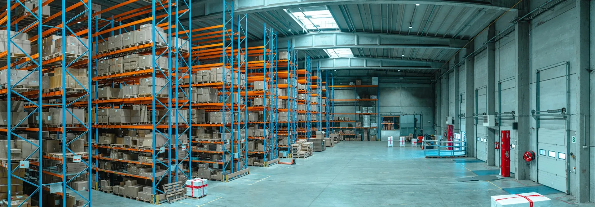 Tall blue racking filled with cartons in a warehouse