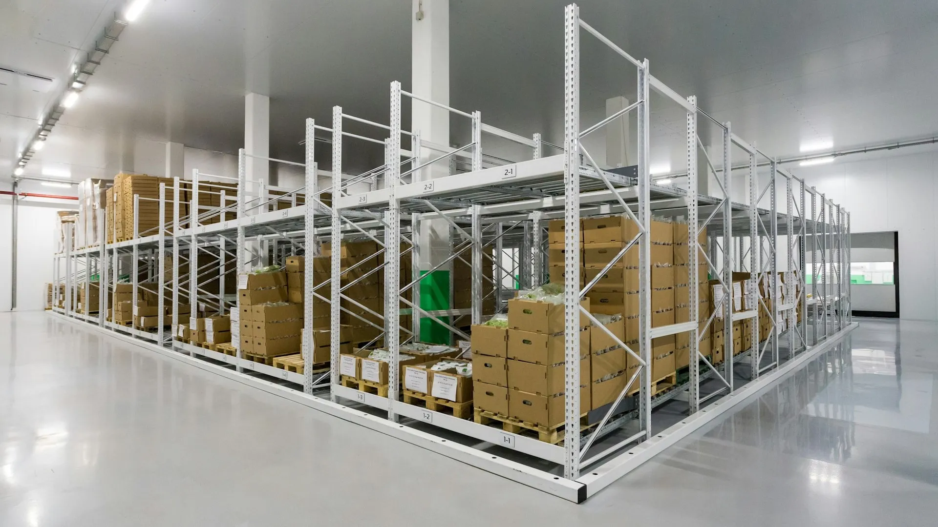 Stocked retail shelving in a distribution setting
